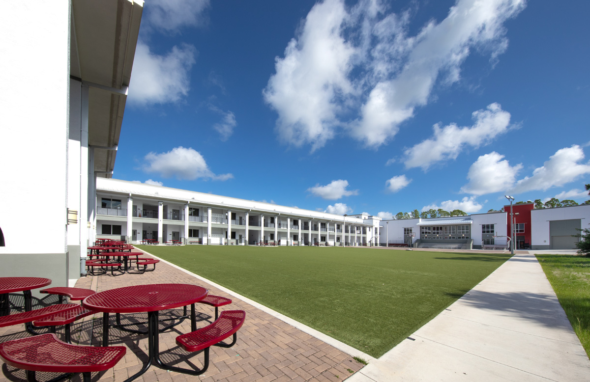Architectural view of the courtyard at the Somerset Collegiate Preparatory Academy chater hs in Port St Lucie, FL.